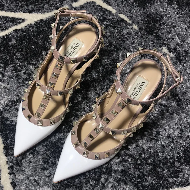 VAIFTILNO Zapatos de tacón alto con punta y remaches para mujer, sandalias de verano con tacón fino y correa envolvente con r...