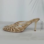 Nuevos tacones de tira fina huecos dorados para mujer, zapatos de tacón con punta estrecha de lujo, zapatos de tacón de aguja para oficina para mujer, sandalias de verano 2025 - Imagen 6