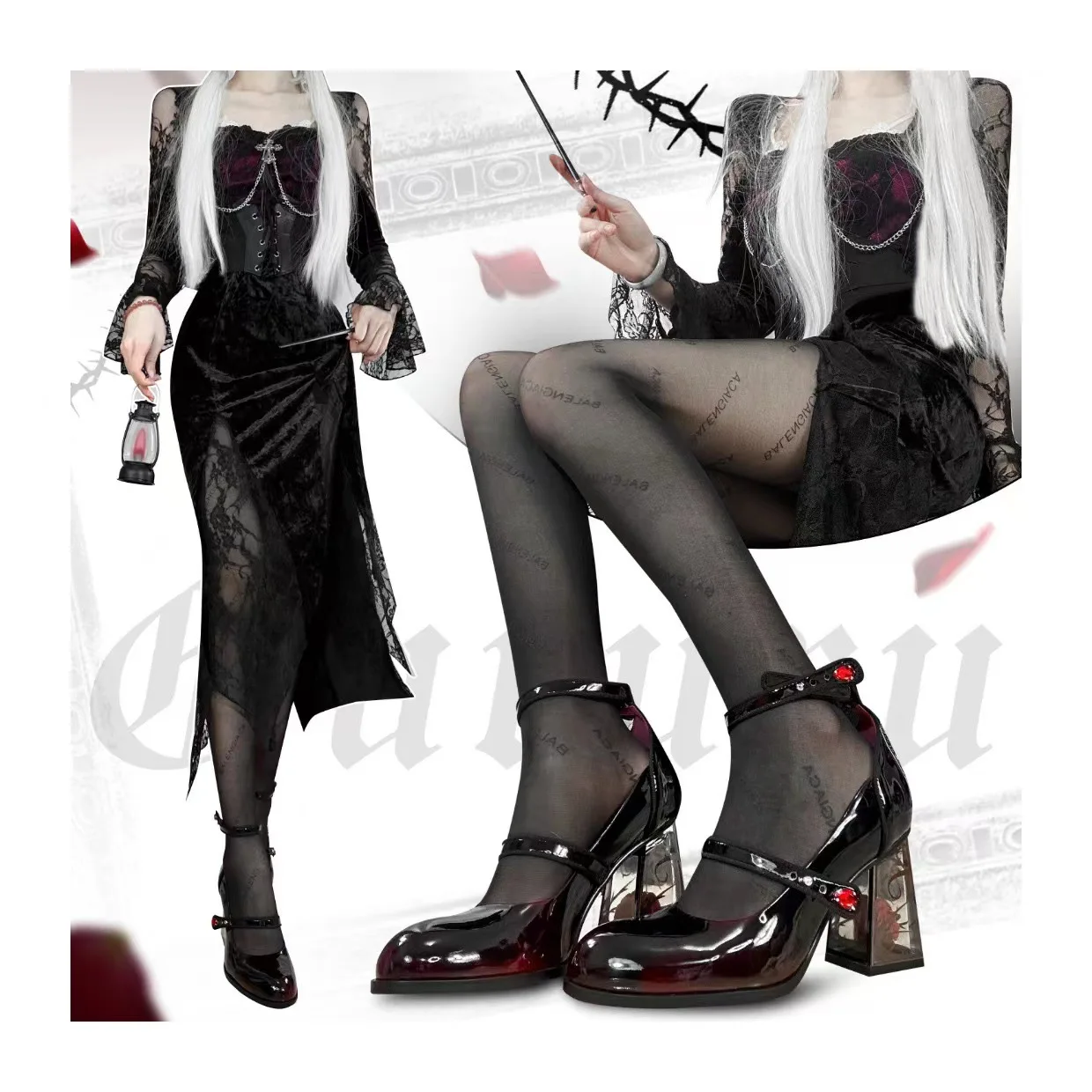 Zapatos de tacón alto Punk gótico para mujer, calzado de charol, Lolita, con correas en el tobillo, color negro, Mary Jane, Y2K, 2024