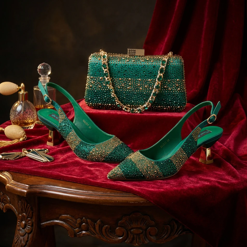 Conjunto de Zapatos y Bolso Verdes de Diseño Italiano de Lujo para Mujer, con Pedrería, para Bodas y Fiestas, 2026