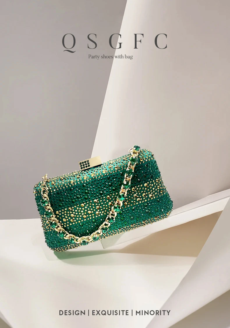 Conjunto de Zapatos y Bolso Verdes de Diseño Italiano de Lujo para Mujer, con Pedrería, para Bodas y Fiestas, 2026