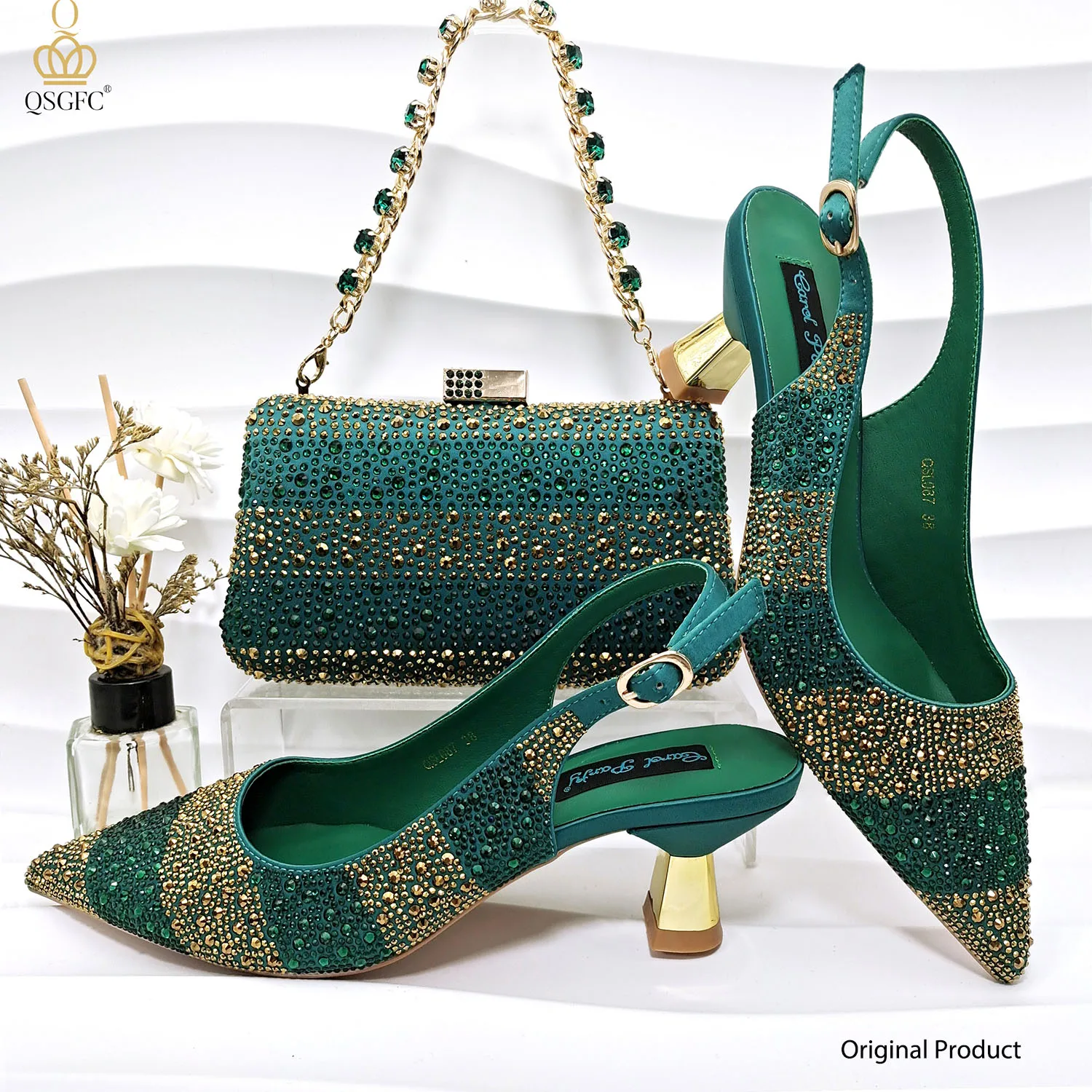 Conjunto de Zapatos y Bolso Verdes de Diseño Italiano de Lujo para Mujer, con Pedrería, para Bodas y Fiestas, 2026