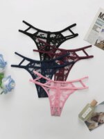 4 bragas de encaje sexys para mujer, tanga de talle bajo con tiras, diseño hueco, ropa interior suave y transpirable, lencería transparente cómoda para uso diario.