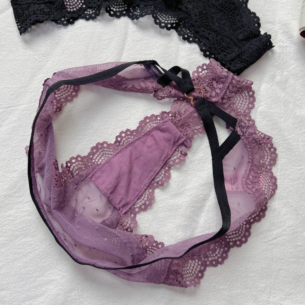 Tanga sexy de encaje de malla con lunares para mujer, bragas transparentes de encaje hueco, sin costuras, de cintura baja, con entrepierna de algodón, bragas triangulares tipo T-Back.