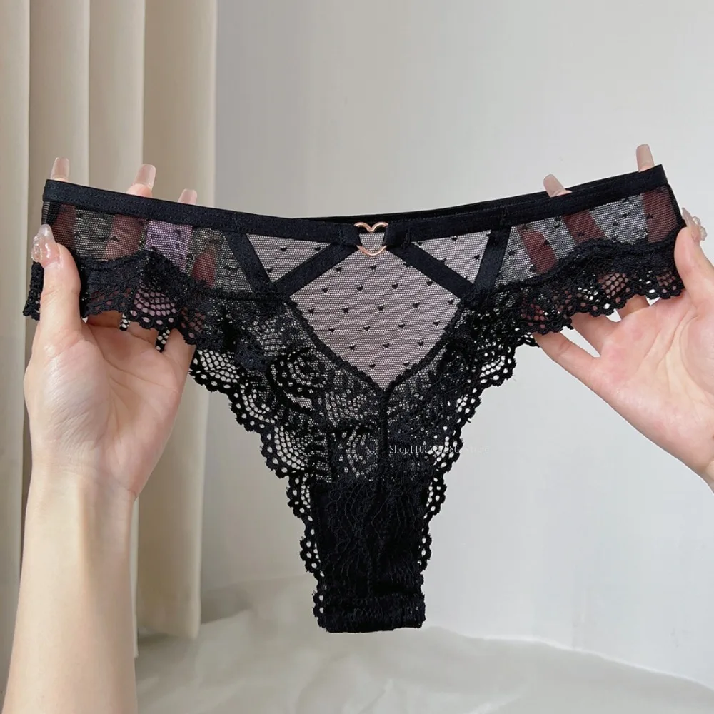 Tanga sexy de encaje de malla con lunares para mujer, bragas transparentes de encaje hueco, sin costuras, de cintura baja, con entrepierna de algodón, bragas triangulares tipo T-Back.