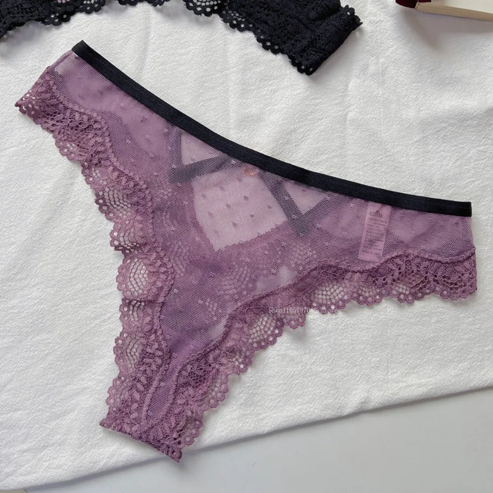 Tanga sexy de encaje de malla con lunares para mujer, bragas transparentes de encaje hueco, sin costuras, de cintura baja, con entrepierna de algodón, bragas triangulares tipo T-Back.