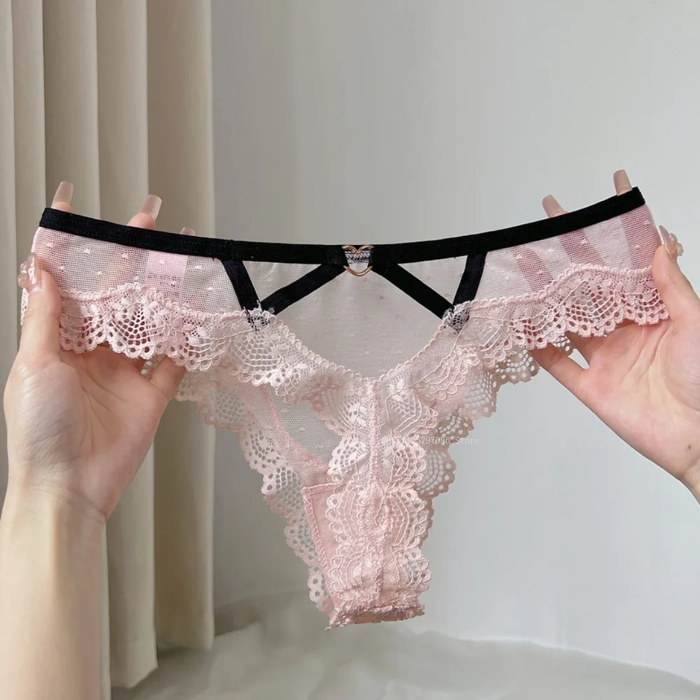 Tanga sexy de encaje de malla con lunares para mujer, bragas transparentes de encaje hueco, sin costuras, de cintura baja, con entrepierna de algodón, bragas triangulares tipo T-Back.