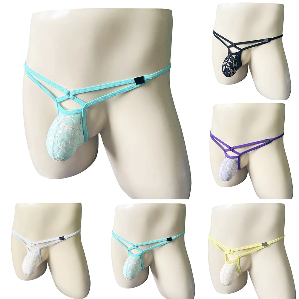 Lencería para Hombre, Bikinis de Encaje Transparente con Bolsa en U, Ropa Interior con Cinturón Delgado, Tanga de Cintura Baja, Tanga Transparente, Pantalones Cortos