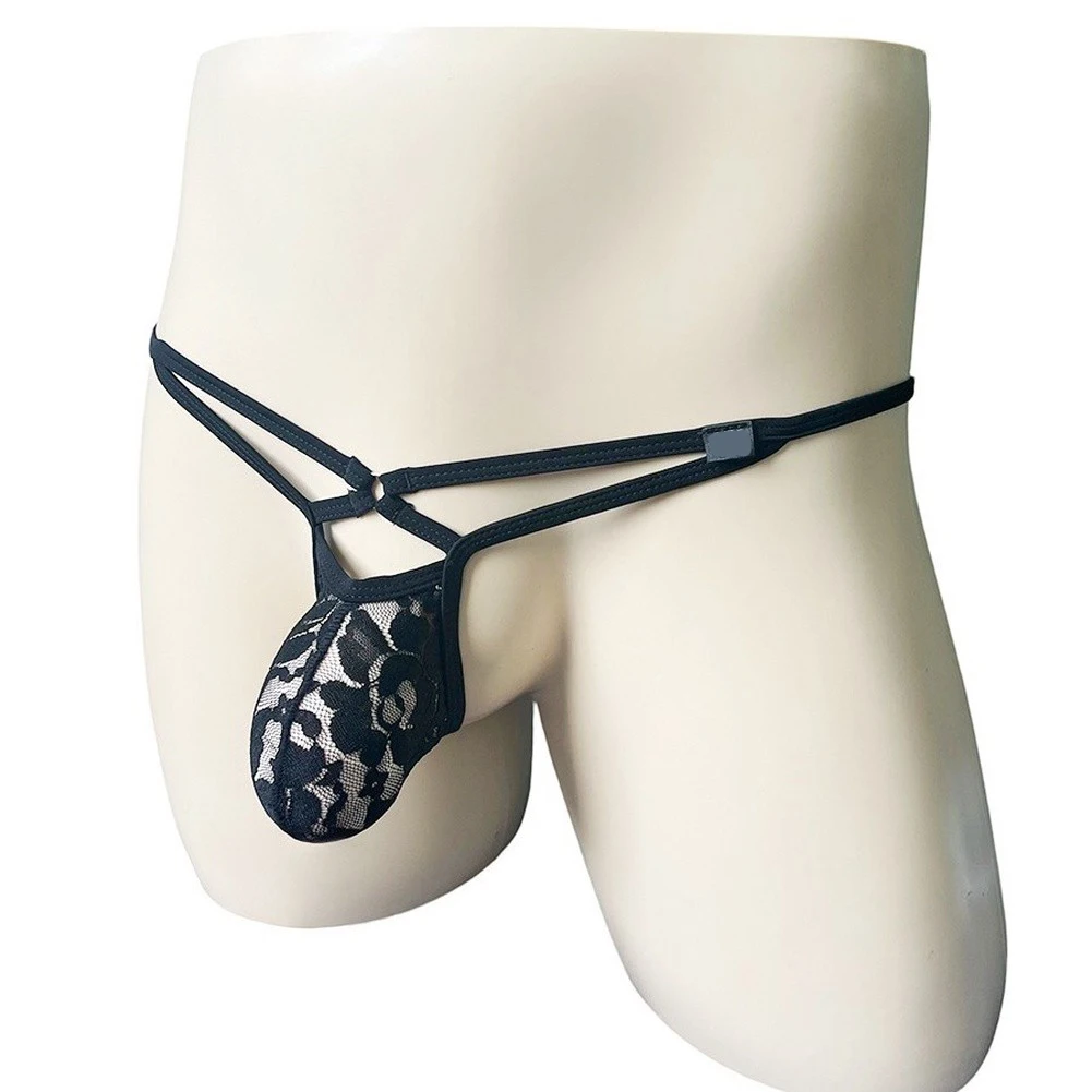Lencería para Hombre, Bikinis de Encaje Transparente con Bolsa en U, Ropa Interior con Cinturón Delgado, Tanga de Cintura Baja, Tanga Transparente, Pantalones Cortos