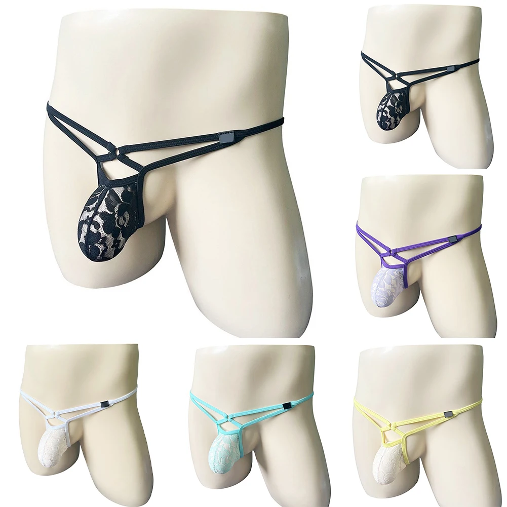 Lencería para Hombre, Bikinis de Encaje Transparente con Bolsa en U, Ropa Interior con Cinturón Delgado, Tanga de Cintura Baja, Tanga Transparente, Pantalones Cortos