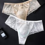 Tanga transparente sexy para hombre, de encaje, cintura baja, con bolsa de realce, ligera, de malla, para verano. - Imagen 4