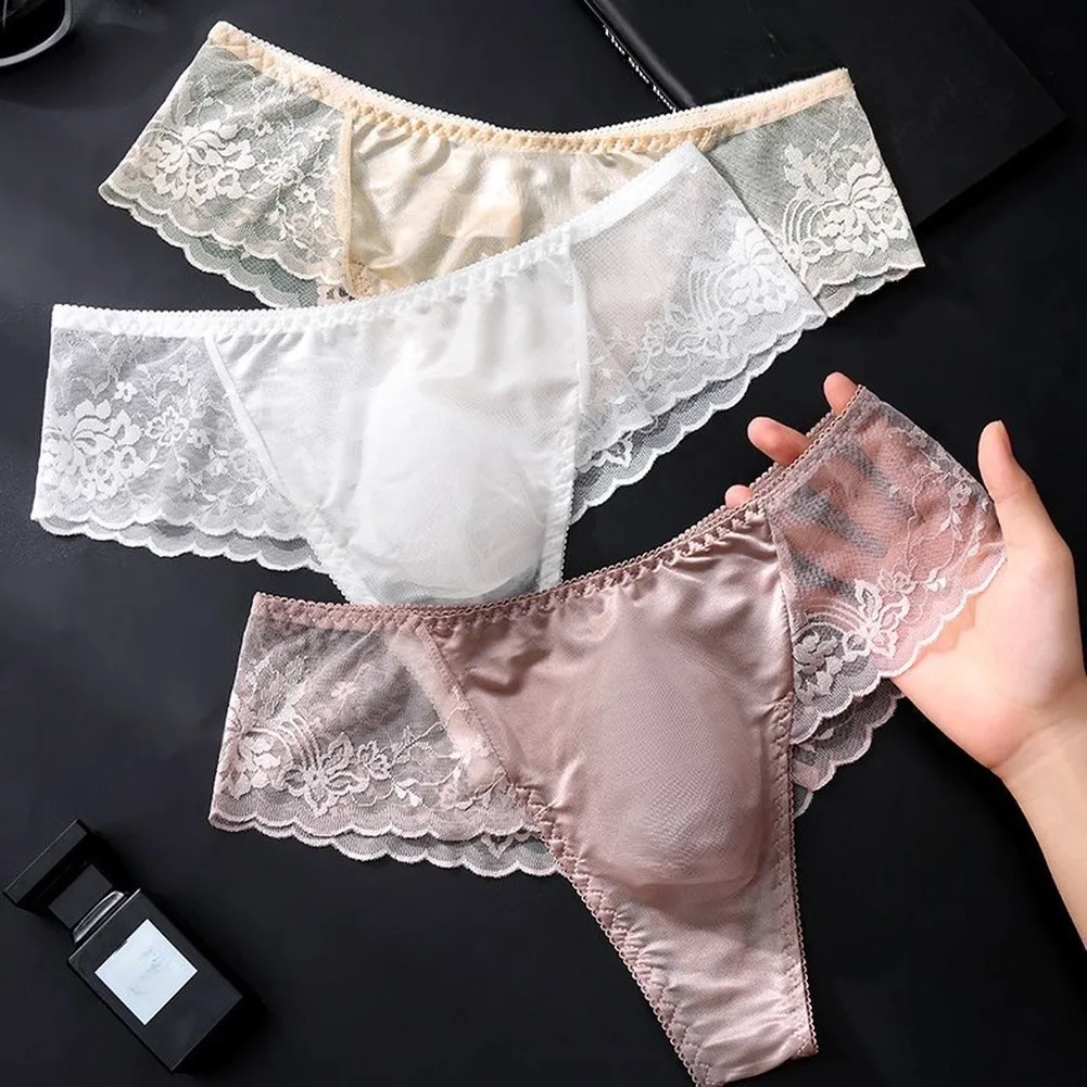 Tanga transparente sexy para hombre, de encaje, cintura baja, con bolsa de realce, ligera, de malla, para verano.