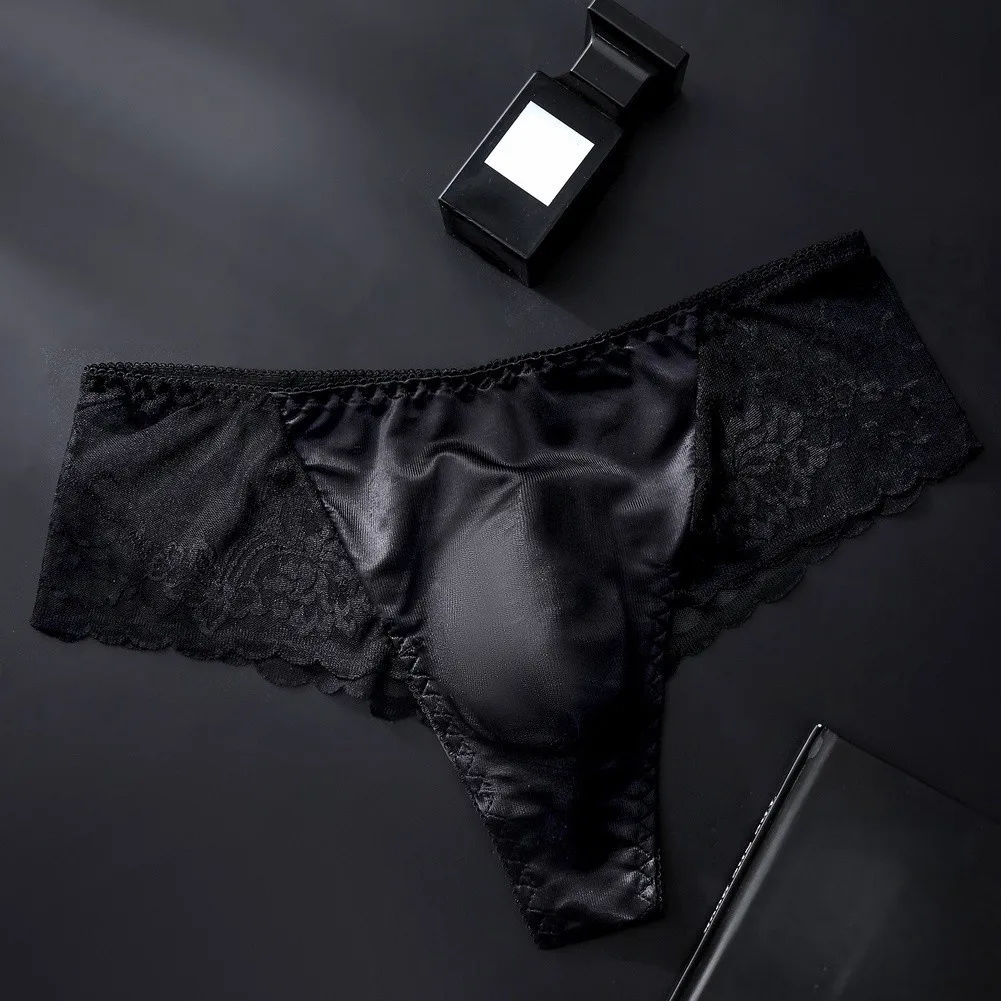 Tanga transparente sexy para hombre, de encaje, cintura baja, con bolsa de realce, ligera, de malla, para verano.