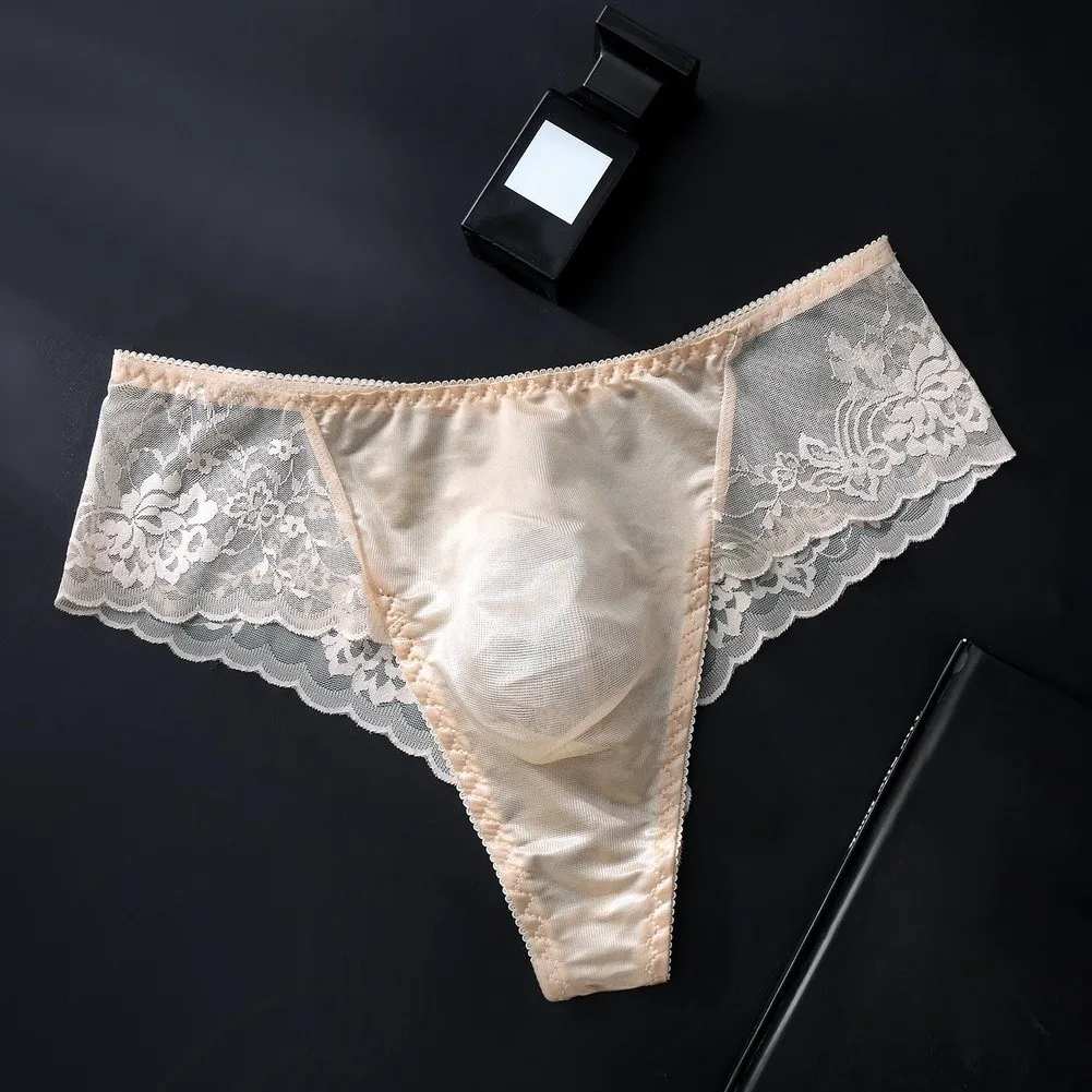 Tanga transparente sexy para hombre, de encaje, cintura baja, con bolsa de realce, ligera, de malla, para verano.