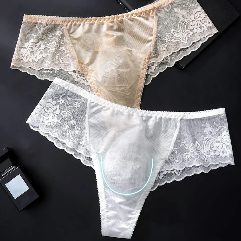 Tanga transparente sexy para hombre, de encaje, cintura baja, con bolsa de realce, ligera, de malla, para verano.