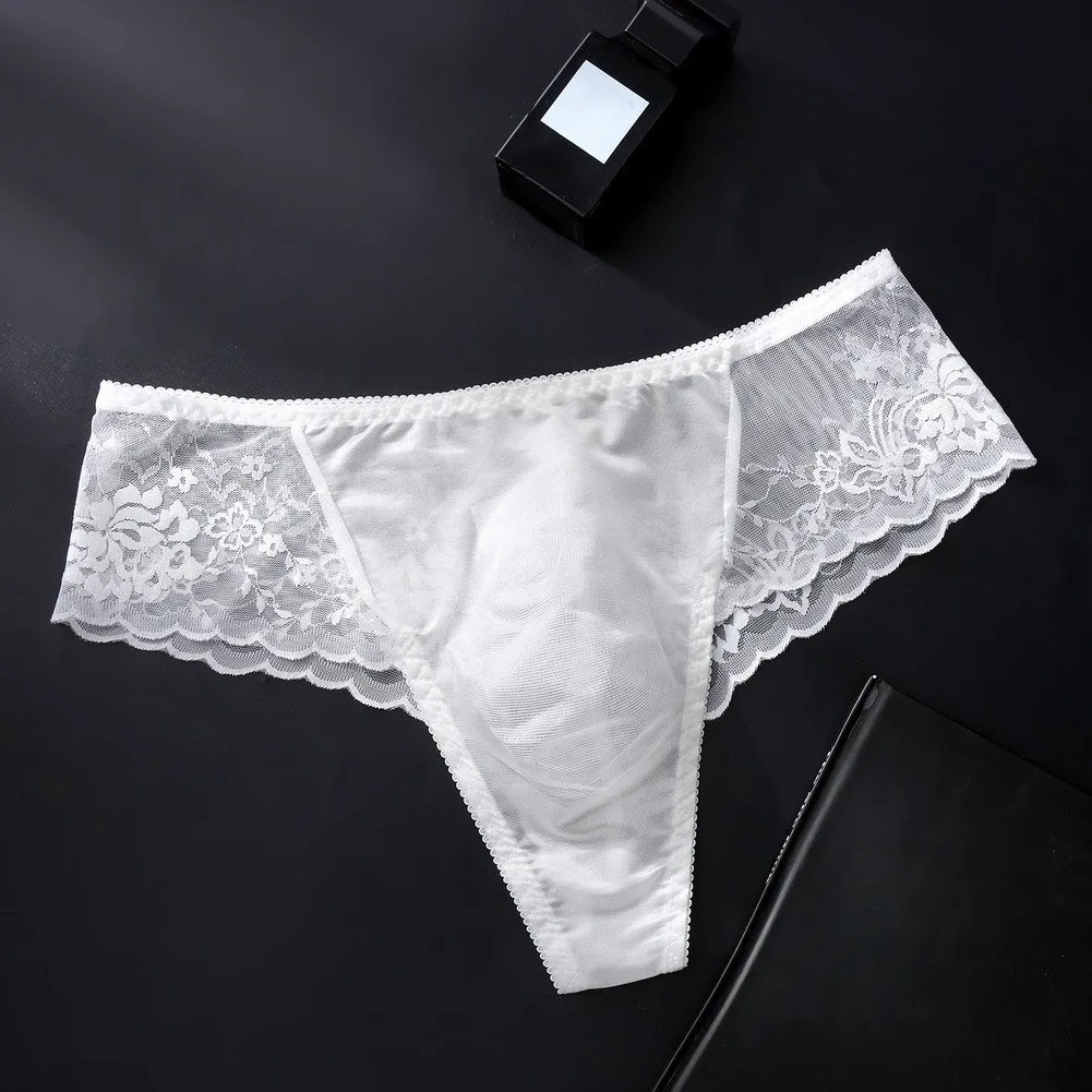 Tanga transparente sexy para hombre, de encaje, cintura baja, con bolsa de realce, ligera, de malla, para verano.