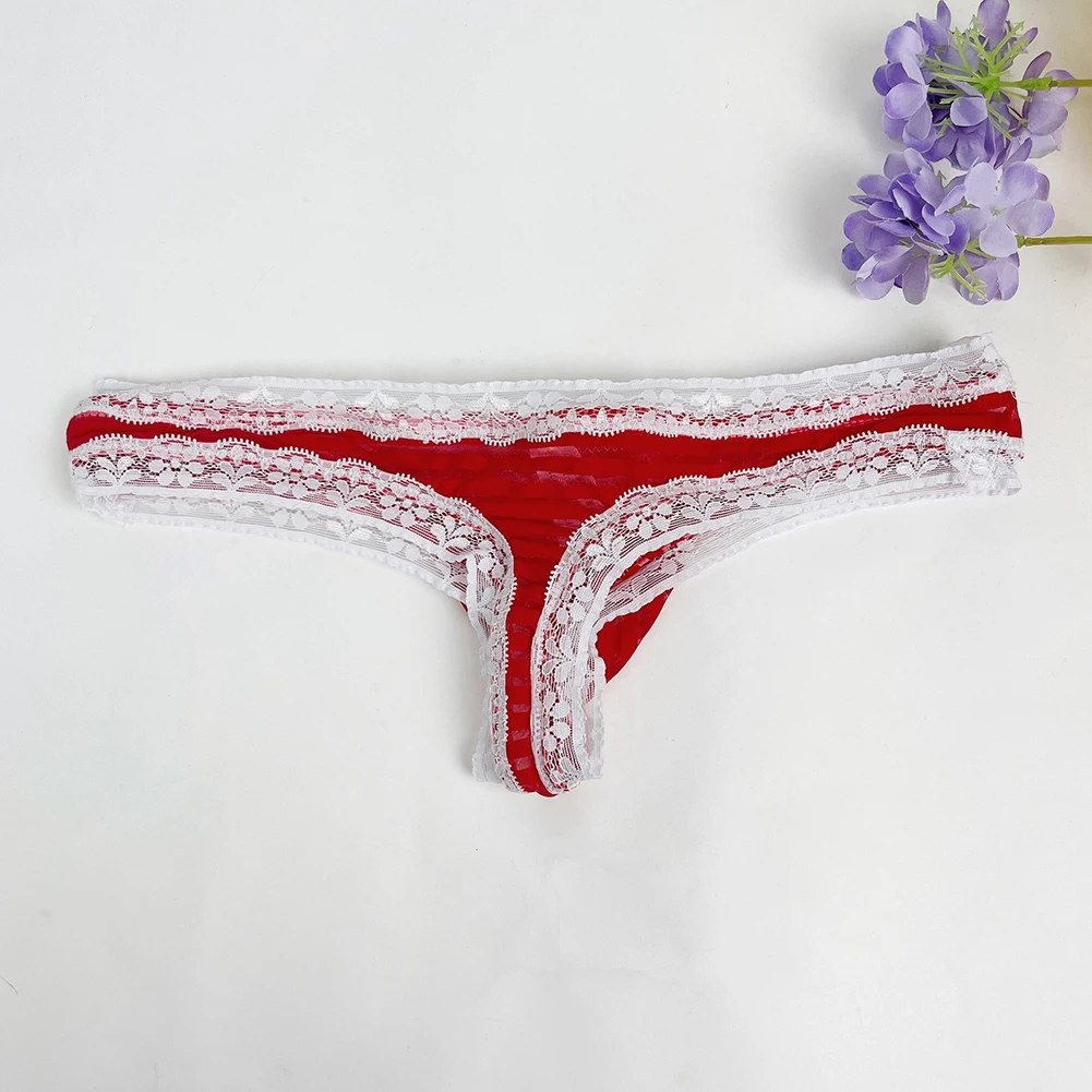 Calzoncillos tipo G-string de malla a rayas con ribete de encaje para hombre, tangas T-back, ropa interior ligera con bolsa de realce, lencería, calzoncillos sissy.