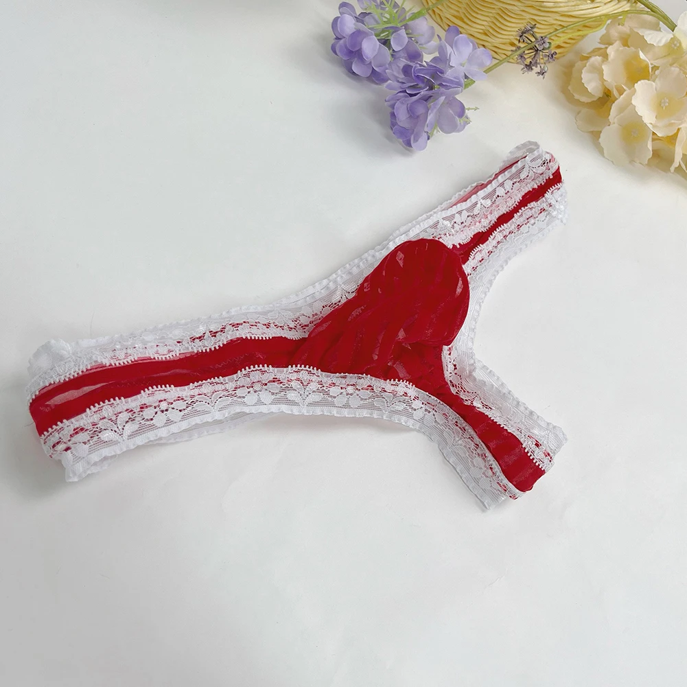 Calzoncillos tipo G-string de malla a rayas con ribete de encaje para hombre, tangas T-back, ropa interior ligera con bolsa de realce, lencería, calzoncillos sissy.