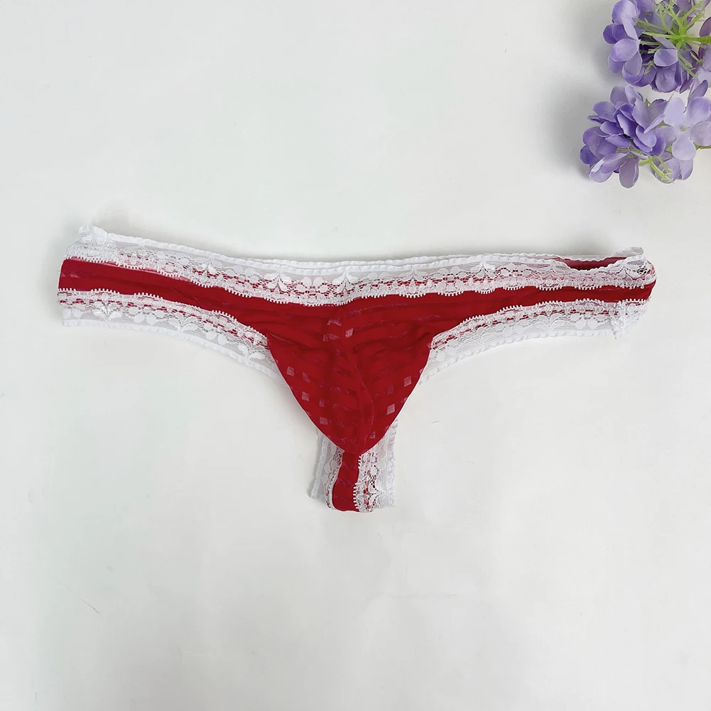 Calzoncillos tipo G-string de malla a rayas con ribete de encaje para hombre, tangas T-back, ropa interior ligera con bolsa de realce, lencería, calzoncillos sissy.