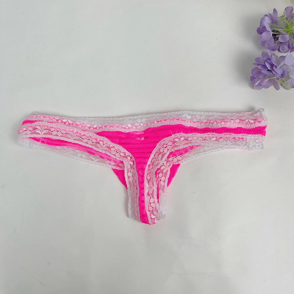 Calzoncillos tipo G-string de malla a rayas con ribete de encaje para hombre, tangas T-back, ropa interior ligera con bolsa de realce, lencería, calzoncillos sissy.
