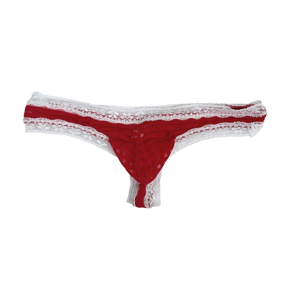 Calzoncillos tipo G-string de malla a rayas con ribete de encaje para hombre, tangas T-back, ropa interior ligera con bolsa de realce, lencería, calzoncillos sissy.