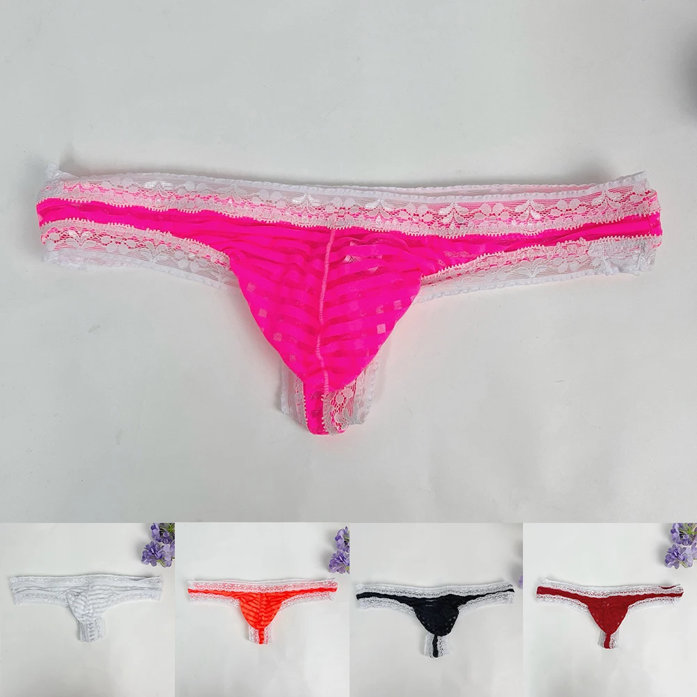 Calzoncillos tipo G-string de malla a rayas con ribete de encaje para hombre, tangas T-back, ropa interior ligera con bolsa de realce, lencería, calzoncillos sissy.