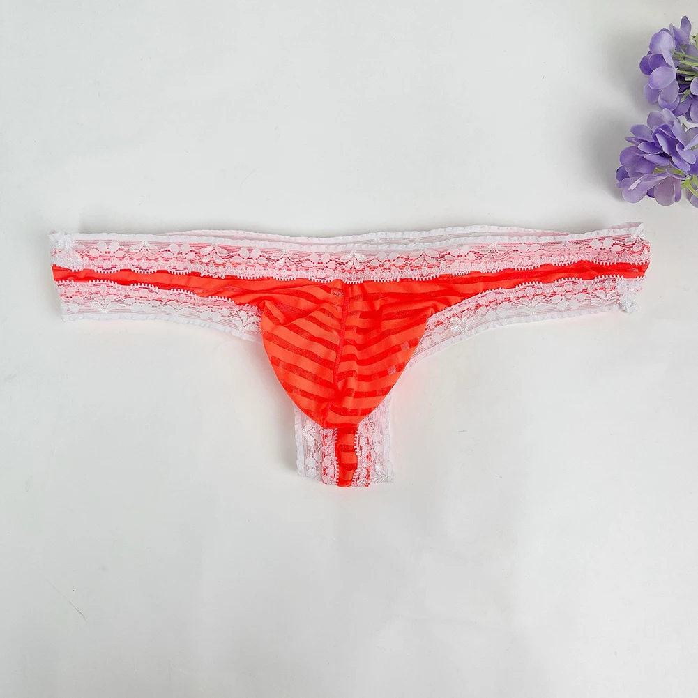 Calzoncillos tipo G-string de malla a rayas con ribete de encaje para hombre, tangas T-back, ropa interior ligera con bolsa de realce, lencería, calzoncillos sissy.