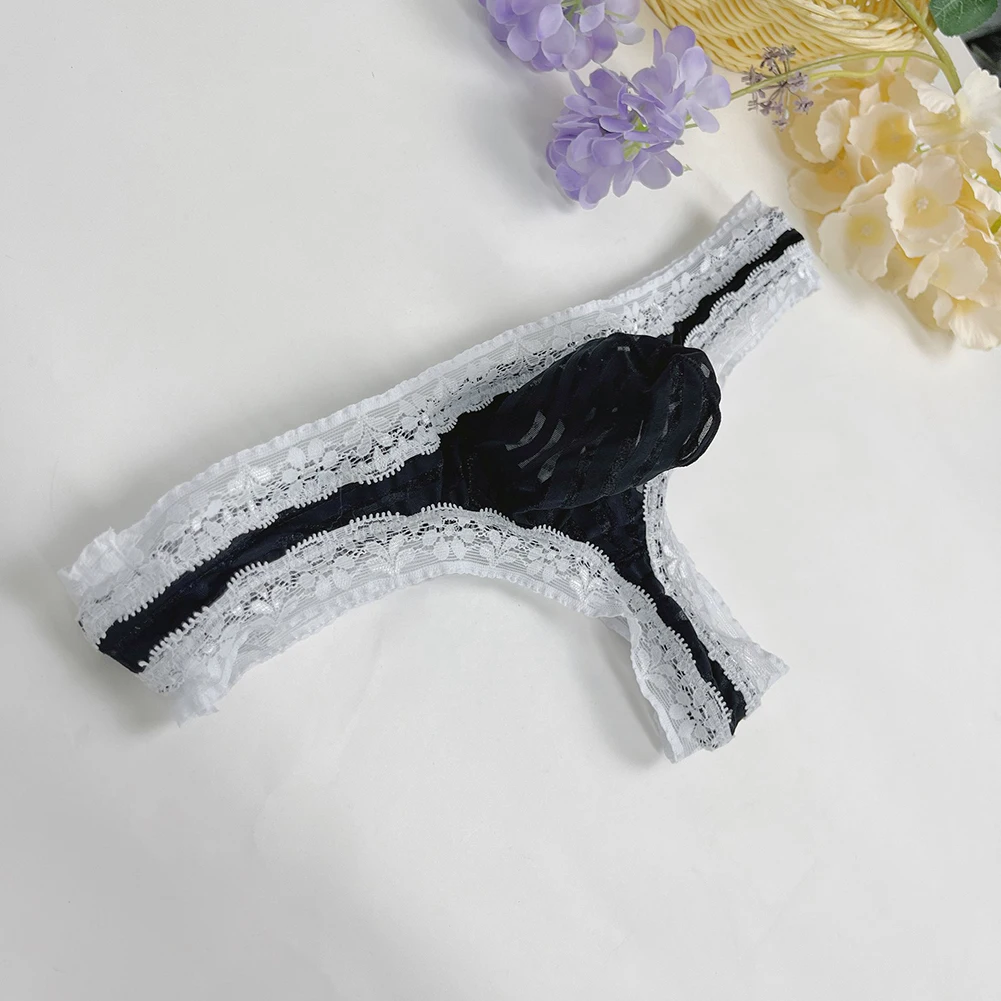 Calzoncillos tipo G-string de malla a rayas con ribete de encaje para hombre, tangas T-back, ropa interior ligera con bolsa de realce, lencería, calzoncillos sissy.