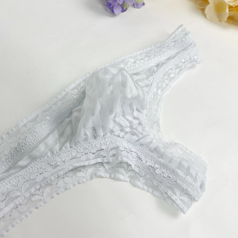 Calzoncillos tipo G-string de malla a rayas con ribete de encaje para hombre, tangas T-back, ropa interior ligera con bolsa de realce, lencería, calzoncillos sissy.