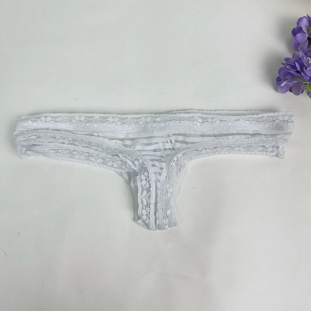Calzoncillos tipo G-string de malla a rayas con ribete de encaje para hombre, tangas T-back, ropa interior ligera con bolsa de realce, lencería, calzoncillos sissy.