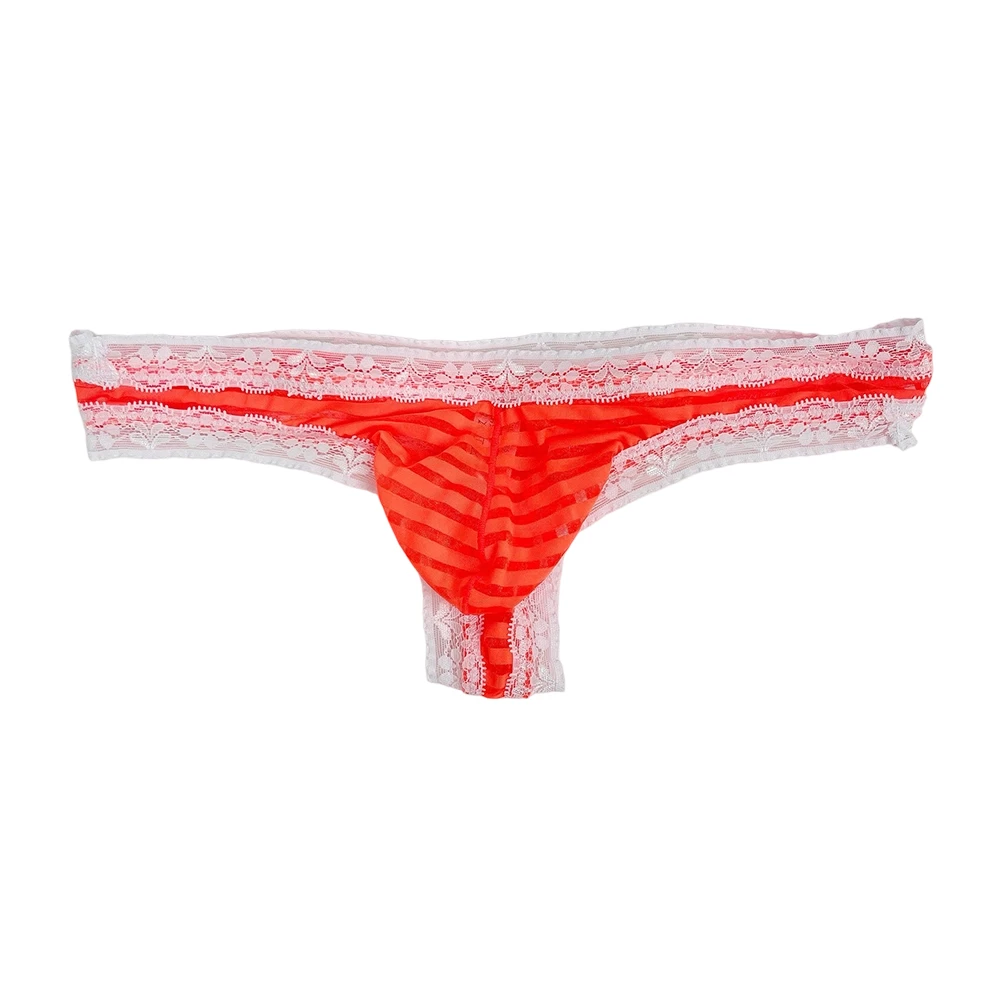 Calzoncillos tipo G-string de malla a rayas con ribete de encaje para hombre, tangas T-back, ropa interior ligera con bolsa de realce, lencería, calzoncillos sissy.