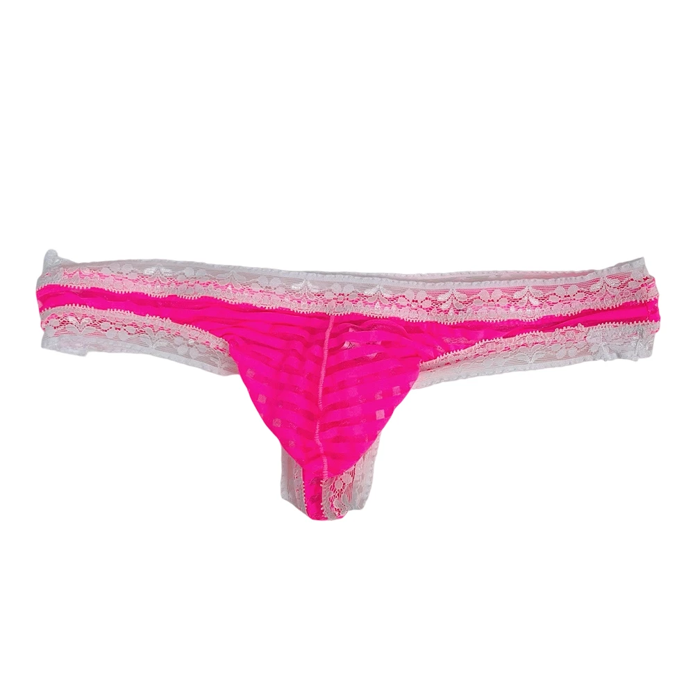 Calzoncillos tipo G-string de malla a rayas con ribete de encaje para hombre, tangas T-back, ropa interior ligera con bolsa de realce, lencería, calzoncillos sissy.