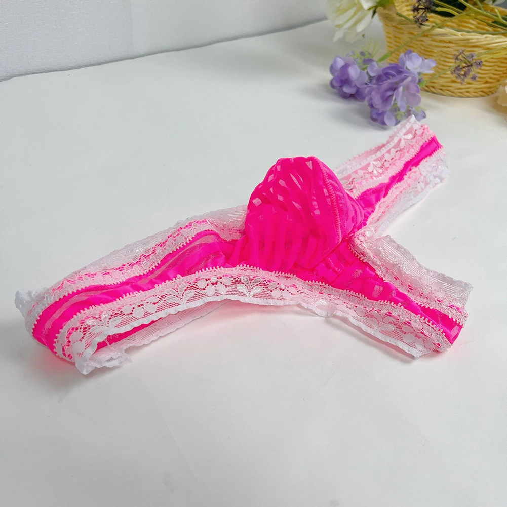 Calzoncillos tipo G-string de malla a rayas con ribete de encaje para hombre, tangas T-back, ropa interior ligera con bolsa de realce, lencería, calzoncillos sissy.