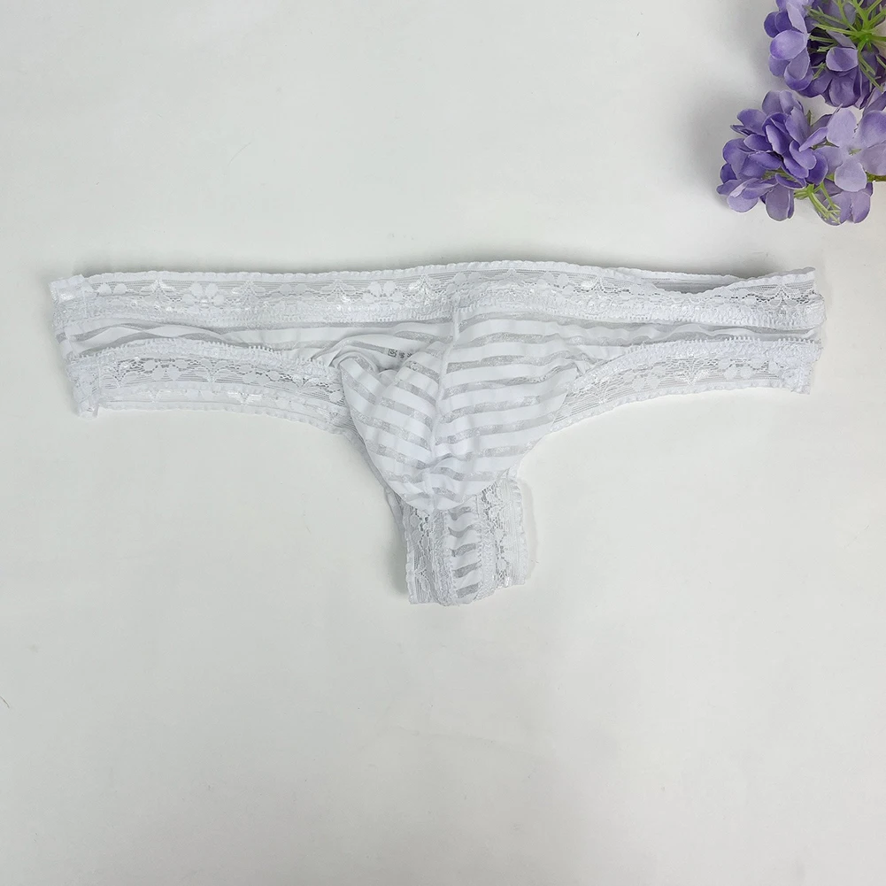 Calzoncillos tipo G-string de malla a rayas con ribete de encaje para hombre, tangas T-back, ropa interior ligera con bolsa de realce, lencería, calzoncillos sissy.