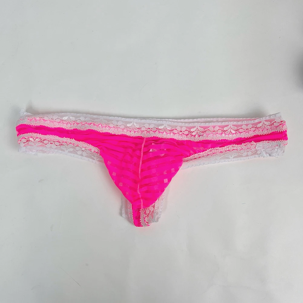 Calzoncillos tipo G-string de malla a rayas con ribete de encaje para hombre, tangas T-back, ropa interior ligera con bolsa de realce, lencería, calzoncillos sissy.