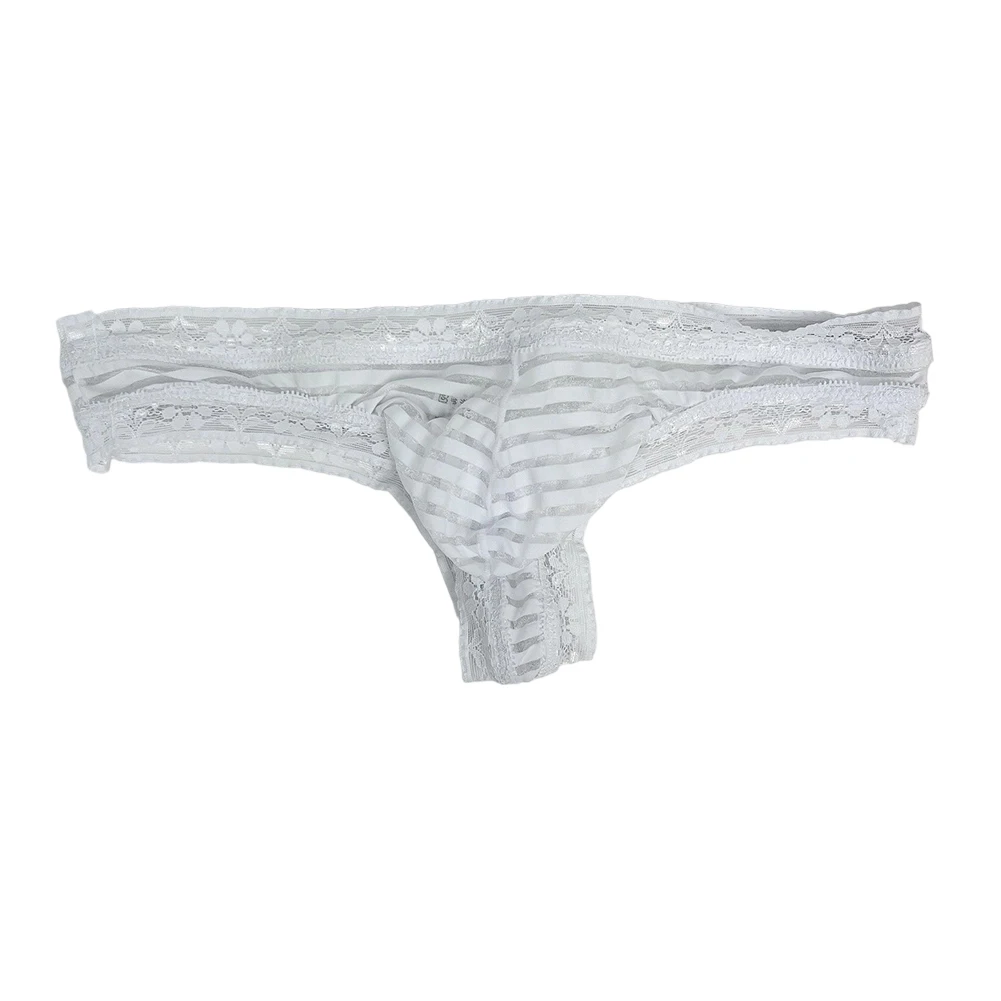 Calzoncillos tipo G-string de malla a rayas con ribete de encaje para hombre, tangas T-back, ropa interior ligera con bolsa de realce, lencería, calzoncillos sissy.