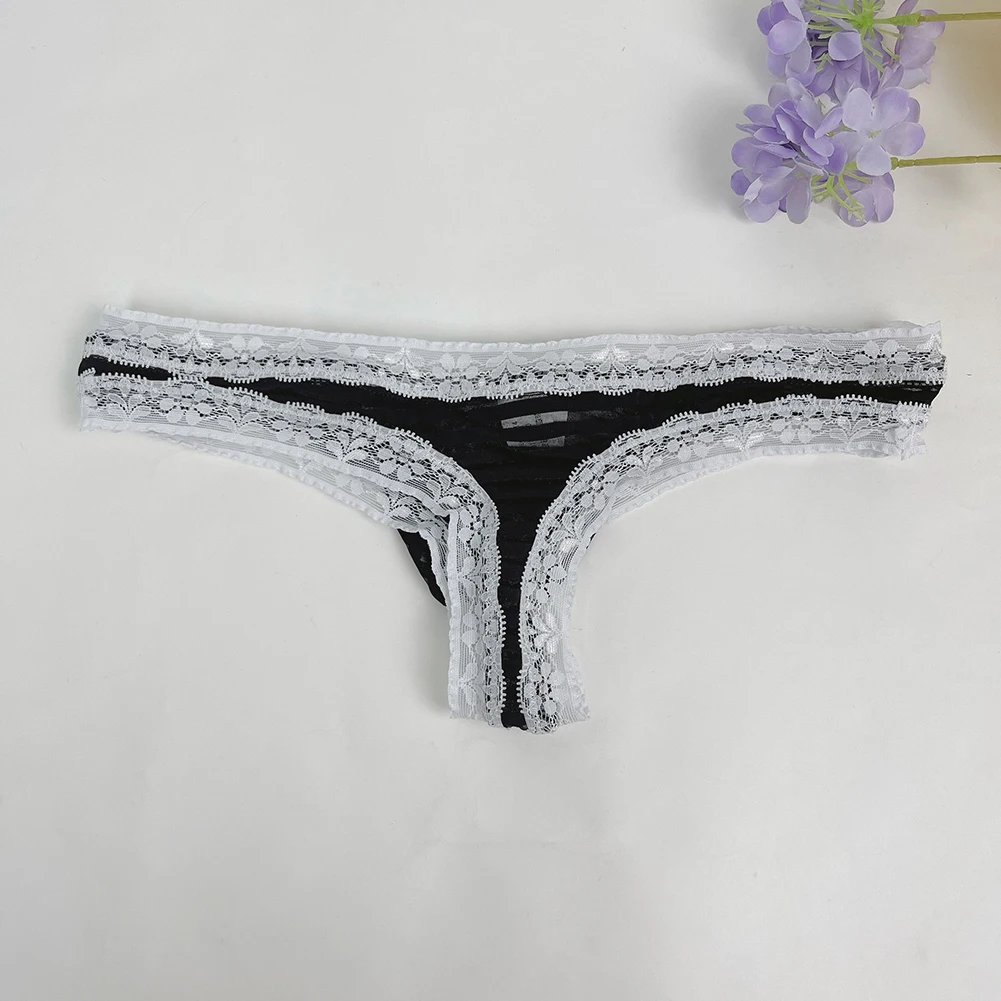 Calzoncillos tipo G-string de malla a rayas con ribete de encaje para hombre, tangas T-back, ropa interior ligera con bolsa de realce, lencería, calzoncillos sissy.