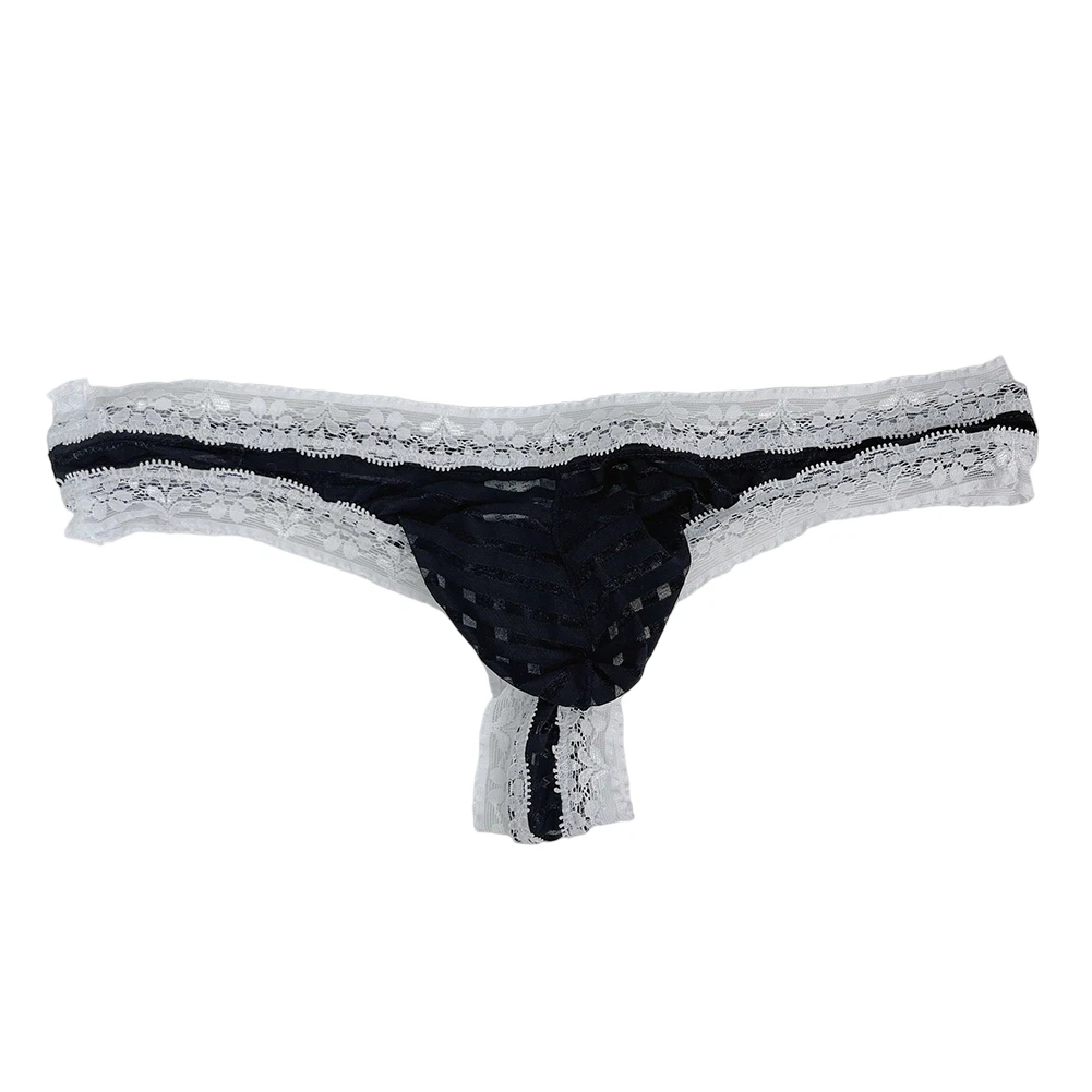 Calzoncillos tipo G-string de malla a rayas con ribete de encaje para hombre, tangas T-back, ropa interior ligera con bolsa de realce, lencería, calzoncillos sissy.