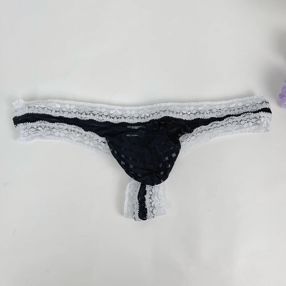 Calzoncillos tipo G-string de malla a rayas con ribete de encaje para hombre, tangas T-back, ropa interior ligera con bolsa de realce, lencería, calzoncillos sissy.
