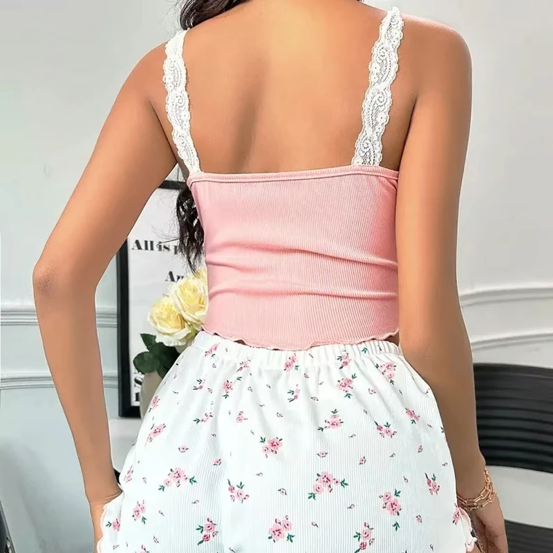 Conjunto de ropa de dormir para mujer con encaje y escote en V