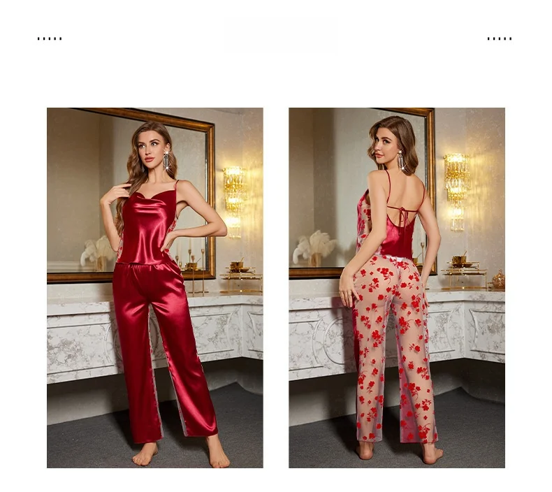 Conjunto de pantalones largos con tirantes de estilo sexy de retazos de malla serie Midnight de lujo DT3541 Ropa de dormir gruesa básica de poliéster Four Seasons Uni...