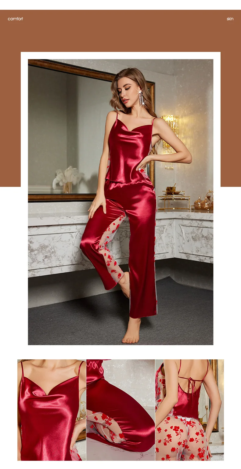 Conjunto de pantalones largos con tirantes de estilo sexy de retazos de malla serie Midnight de lujo DT3541 Ropa de dormir gruesa básica de poliéster Four Seasons Uni...