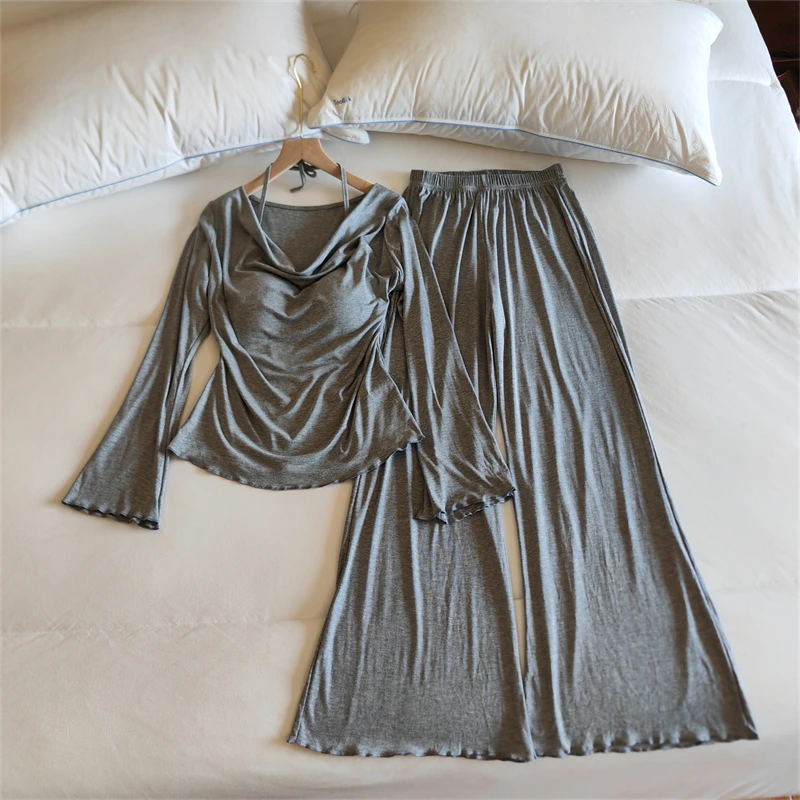 Conjunto de ropa de dormir para mujer con escote en V y de manga larga