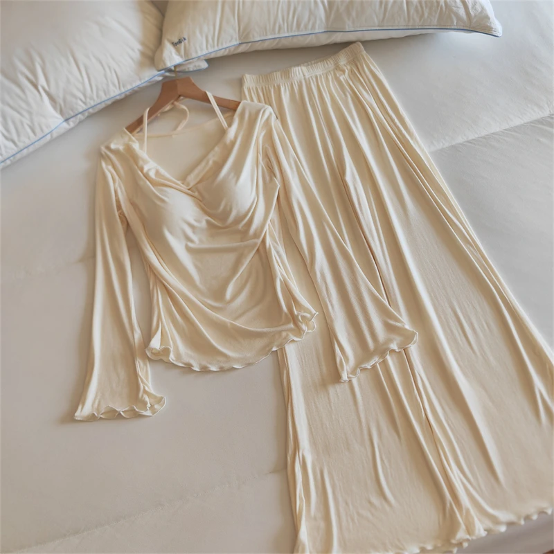 Conjunto de ropa de dormir para mujer con escote en V y de manga larga