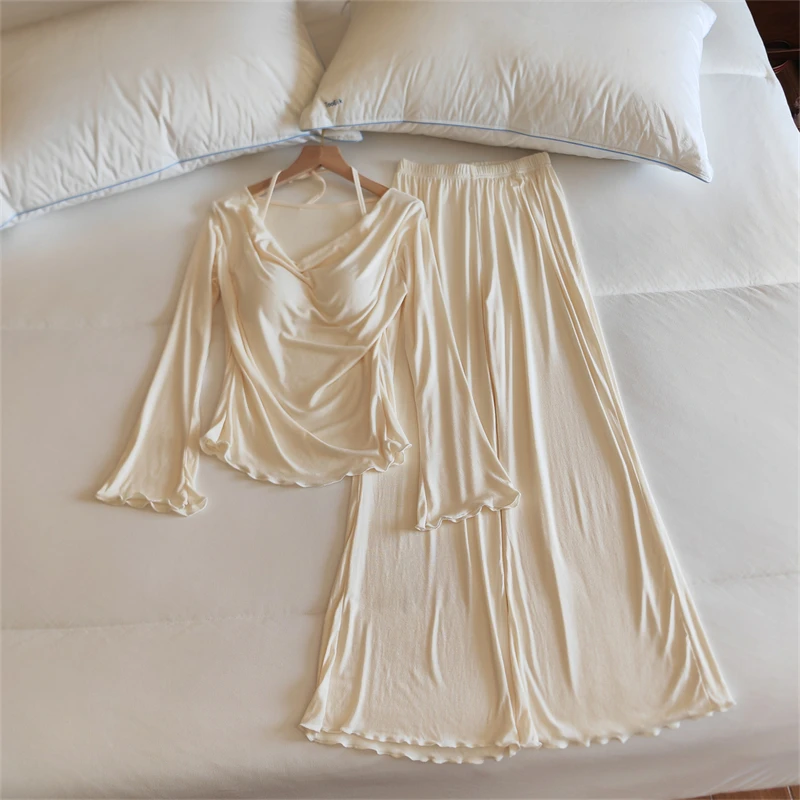 Conjunto de ropa de dormir para mujer con escote en V y de manga larga