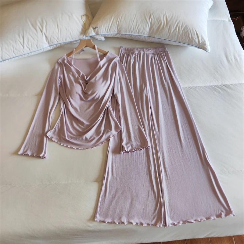 Conjunto de ropa de dormir para mujer con escote en V y de manga larga