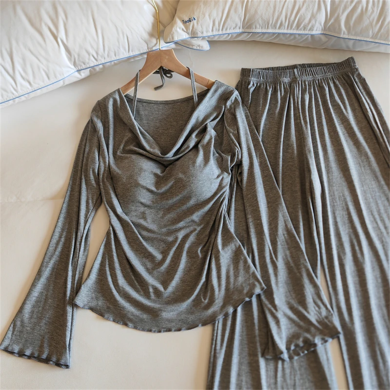 Conjunto de ropa de dormir para mujer con escote en V y de manga larga