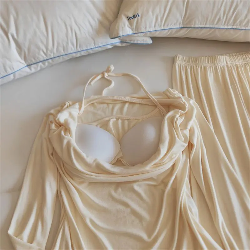 Conjunto de ropa de dormir para mujer con escote en V y de manga larga