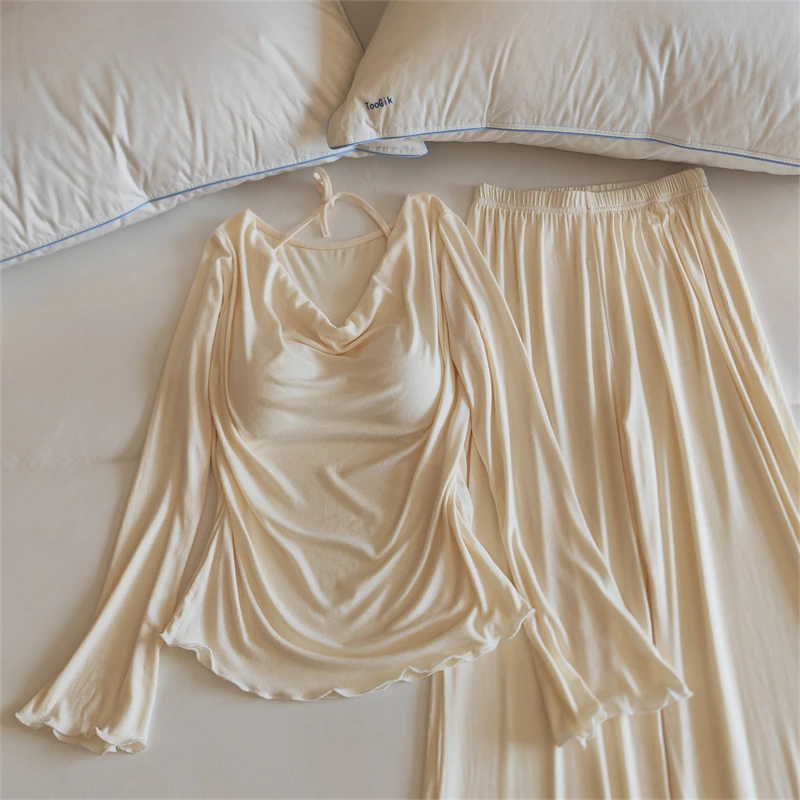Conjunto de ropa de dormir para mujer con escote en V y de manga larga