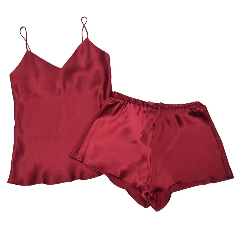 Pijama de seda de morera para mujer, conjunto de dos piezas, Sexy, fresco, servicio a domicilio, pantalones cortos de verano, calidad 100%, 6A